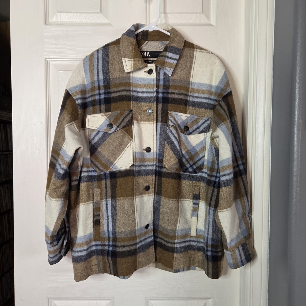 Zara Oversized Shacket Wool Blend Plaid Flannel Button Up Warm Cabincore Autumn